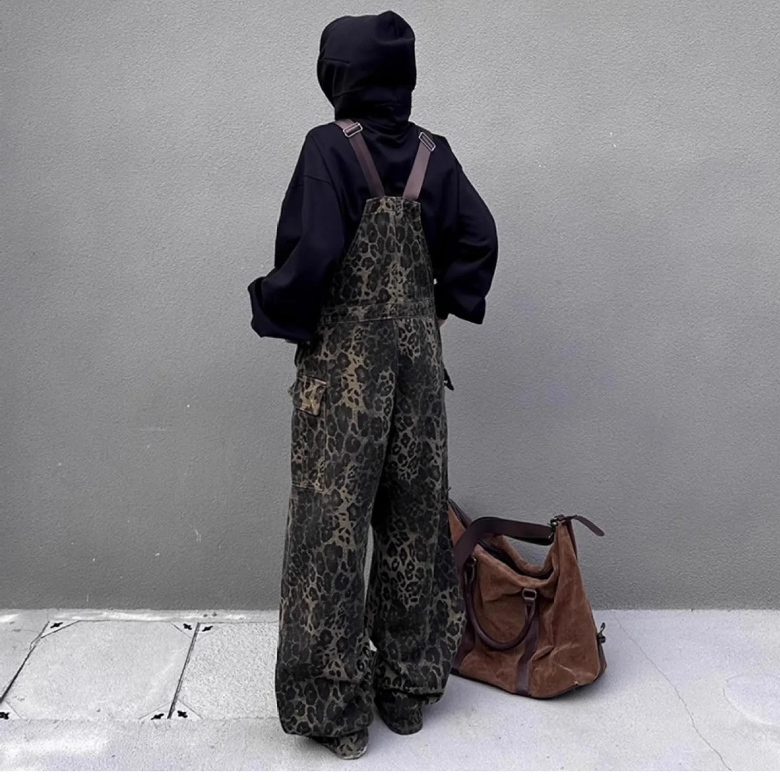 Women Leopard Jumpsuits Y2k Clothes Streetwear Wide Leg Baggy MultiPocket Loose Cargo Overalls Rompers 240821