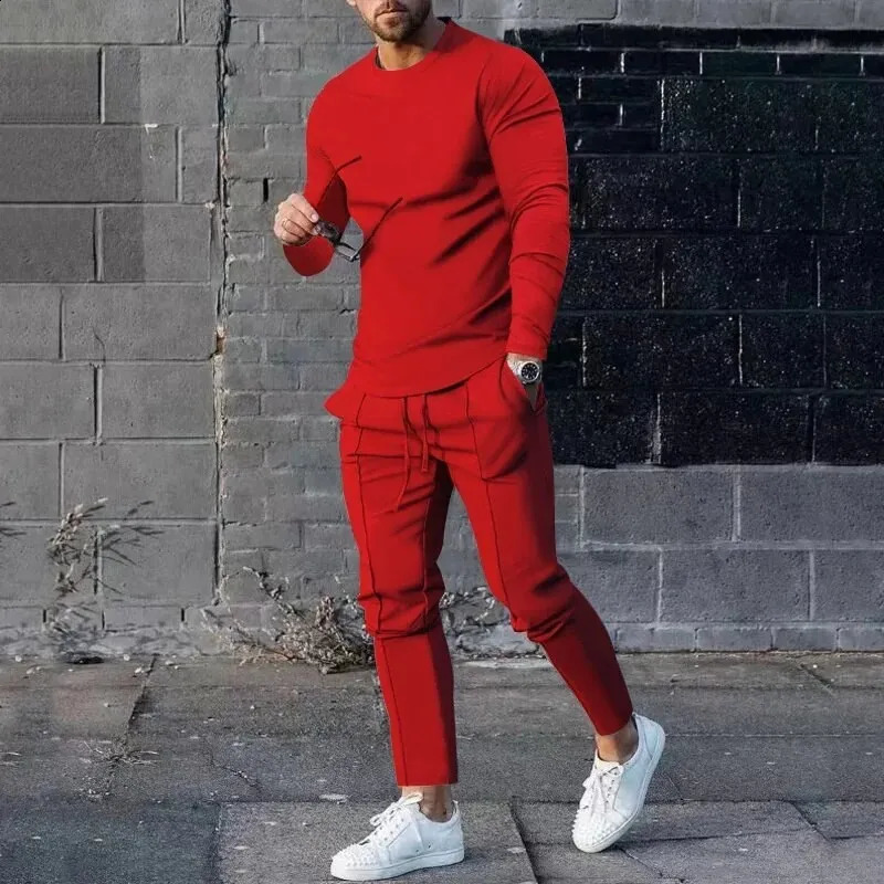 Solid color mens long sleeved T-shirt long pants 2-piece set casual mens street clothing oversized clothing sportswear 240827