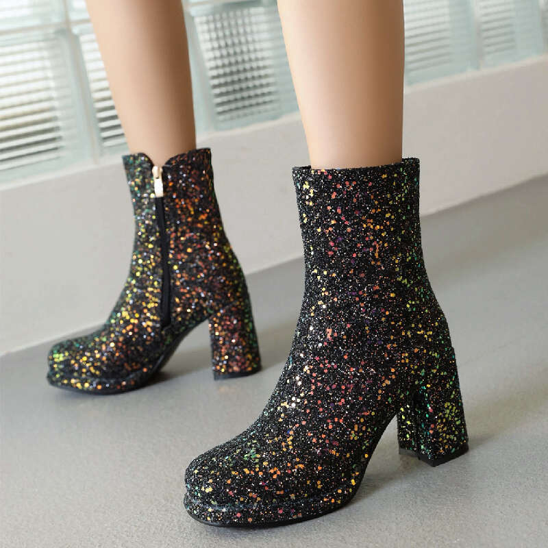 Sequined Women Ankle Boots Gold Sier Block Heels Short Boot Female Zipper Autumn Winter Party Shoes Ladies Large Size