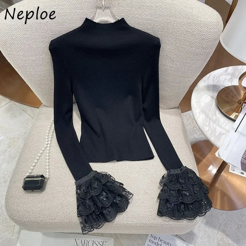 Neploe Fashion Simple Half High Collar Zipper Autumn Winter Knitted Top Womens Y2k Lace Sparkling Sleeve Sweater Unprinted Good Product 240821