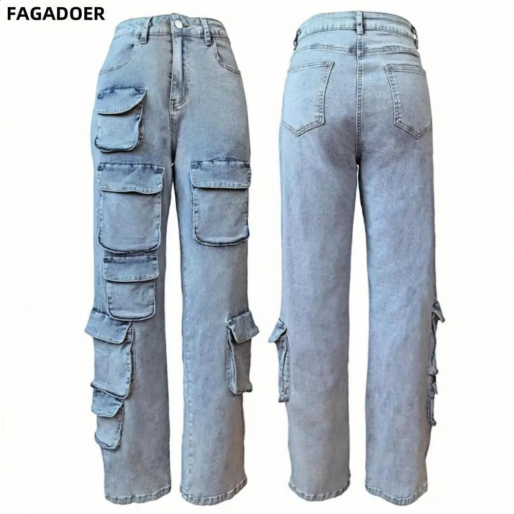 FAGADOER Vintage Denim Pocket Cargo Pants Women High Waisted Button Straight Jean Trousers Casual Female Cowboy Bottoms Z260313