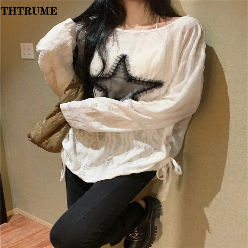 Y2K womens high street sweater fashionable slim shoulders streetwear jumper casual retro star print latte art 240821