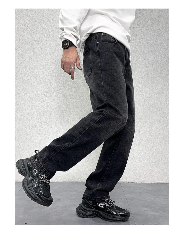 Graphic Printed Black Jeans Male Washed Loosen Fit Pants Man Wide Leg Denim Bottms 240821