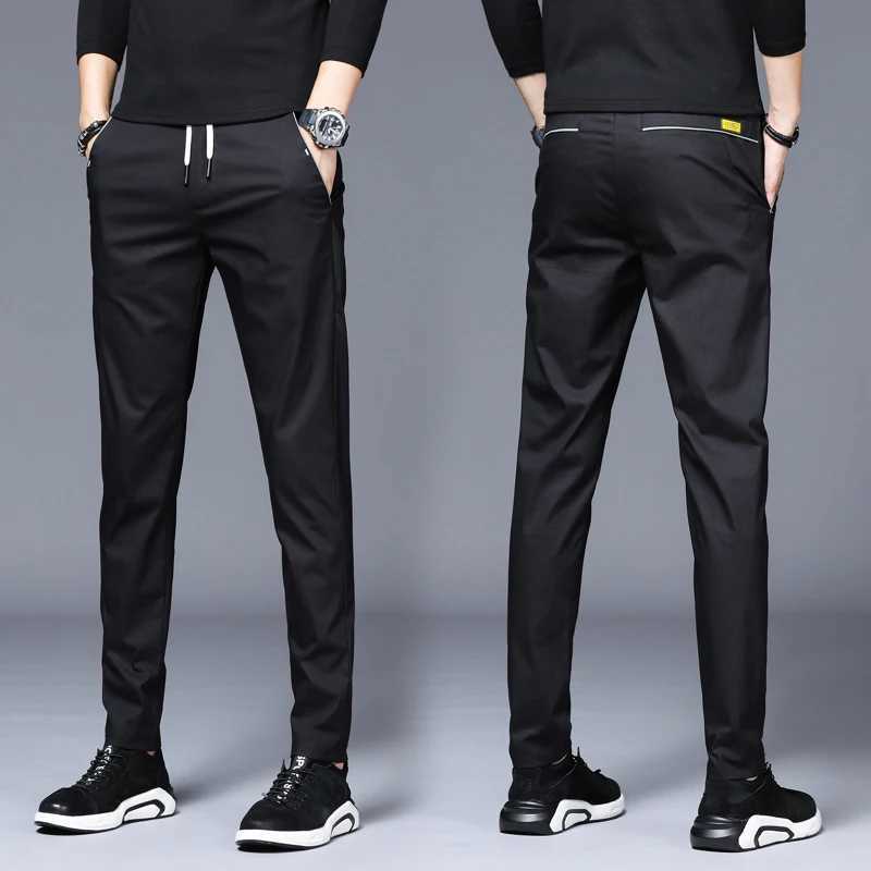 Mens thin pants 2024 summer new elastic ultra-thin slim fit Trouser lace up elastic waist casual solid straight leg pants fashionable streetwearW24072