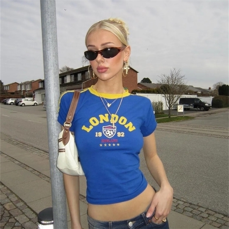 Y2k London Open Navel Top Summer Womens Aesthetic Baby T-shirt Gothic Retro Letter Embroidery Casual Short sleeved T-shirt 240820