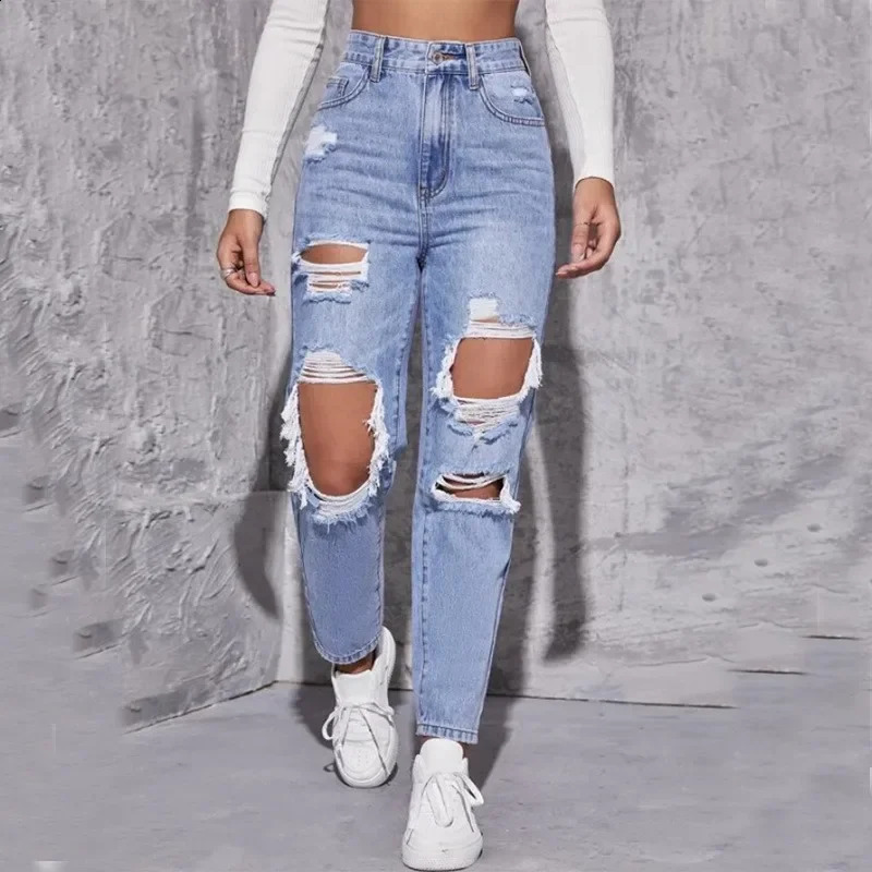 Hole High Waist Mom Jeans Flare Pants Denim Autumn Casual Long Streetwear Slim Fit Trousers Capris Baggy Jeans Women 240821