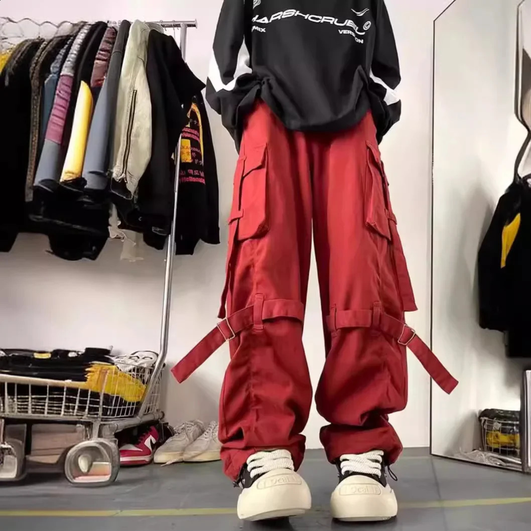 Fashionable American style retro wide leg loose casual street dance pants mens red cargo floor 240821