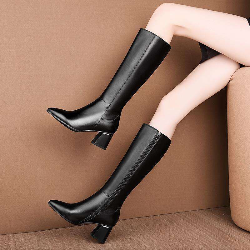 Shoes For Woman Long Winter Knee High Shaft Footwear Leather Women's Boots Fur Brown Pointed Toe Chic And Elegant Fashion 2024