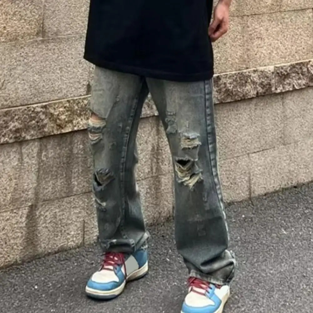 Hip Hop Style Jeans Streetwear Mens Ripped Hole Wide Leg Jeans with Multi Pockets Distressed Details for Casual Hip Hop Style 240821