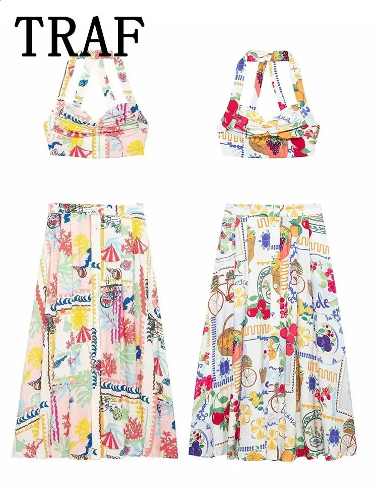 TRAF decal print Midi womens 2piece set crop top twopiece clothing 240821