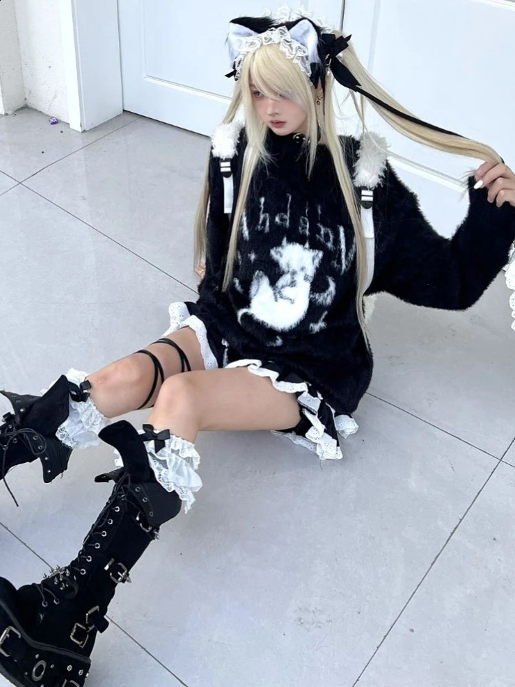 Gothic cartoon jacquard Kawaii sweater Y2K aesthetic loose knit pullout Harajuku Grunge casual fairy jumping womens top 240821