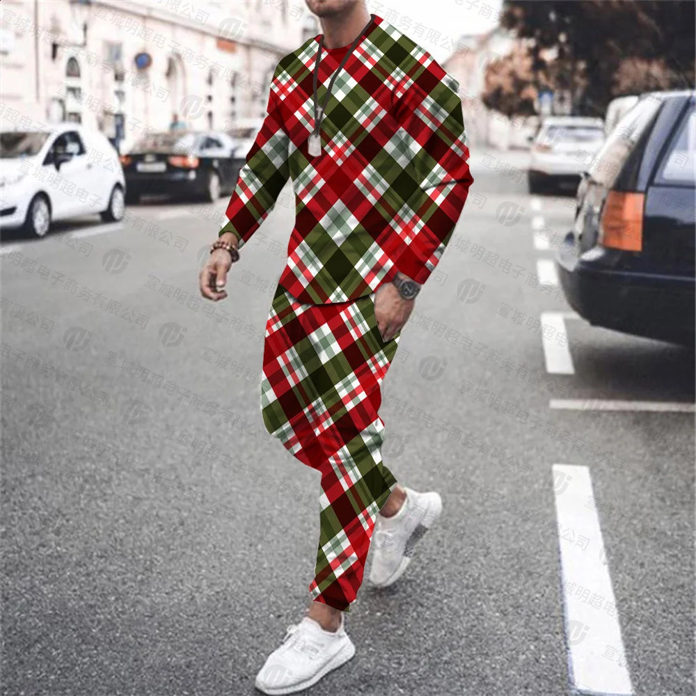 Mens Autumn and Winter Plaid 3D Printing Fashion Retro Sports Long Sleeve Fitness Pants Casual Jogging Suit Plus Size 240821