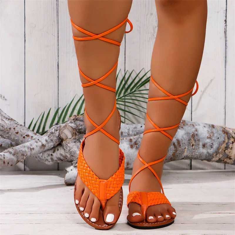 Shoes for Women 2024 Summer Fashion Open Toe FlatSandalsSexySolidColor Lace Up Beach Sandals ForWomen Zapatillas De Mujer CL240806
