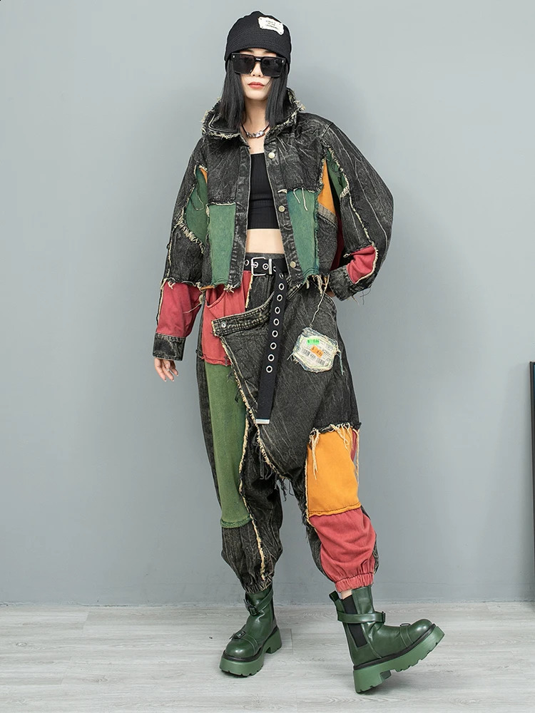 Trendy Cool Patchwork Vintage Denim Suit Women Autumn Loose Fashionable Long Sleeved Jacket Jeans Two Piece Set ZF084 240820