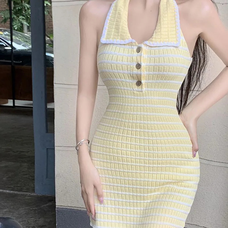 Sexy Camis Dresses Summer Fashion Patchwork Turn-down Collar Sleeveless Knitted Dress Ladies Fashionable Bodycon Striped Dress 240821