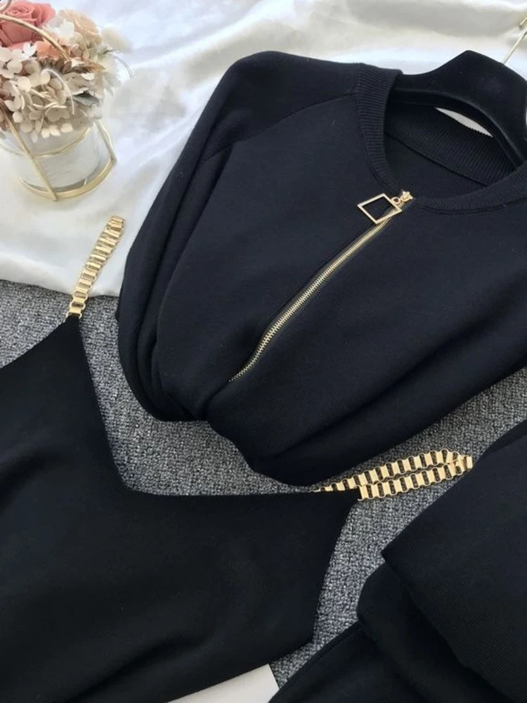 XFPV Autumn Knitted Sweater Suit Casual Temperament Chain Vest Knitted Jacket Elastic Pants Three-piece Sets SM867 240820