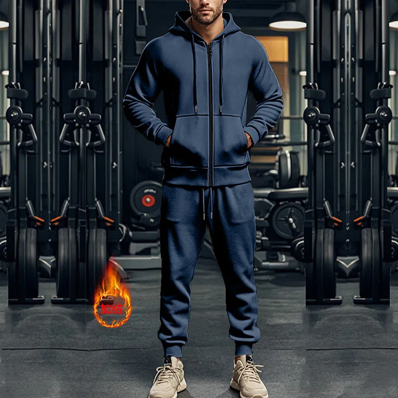 autumn and winter lightweight casual mens wool warm track clothing hooded zipper jacket and mens two-piece set 240827