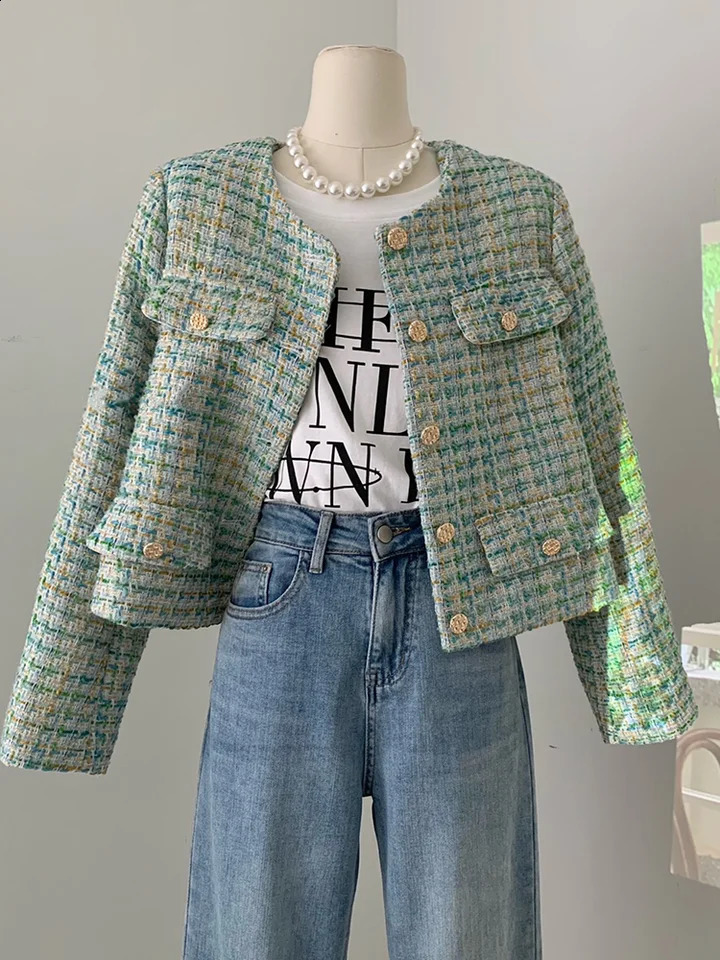 Zoki Retro Green Plaid Tweed Jacket Women Elegant O Neck Long Sleeve Sweet Coat Korean Casual Vintage Female Outwear Tops 240821