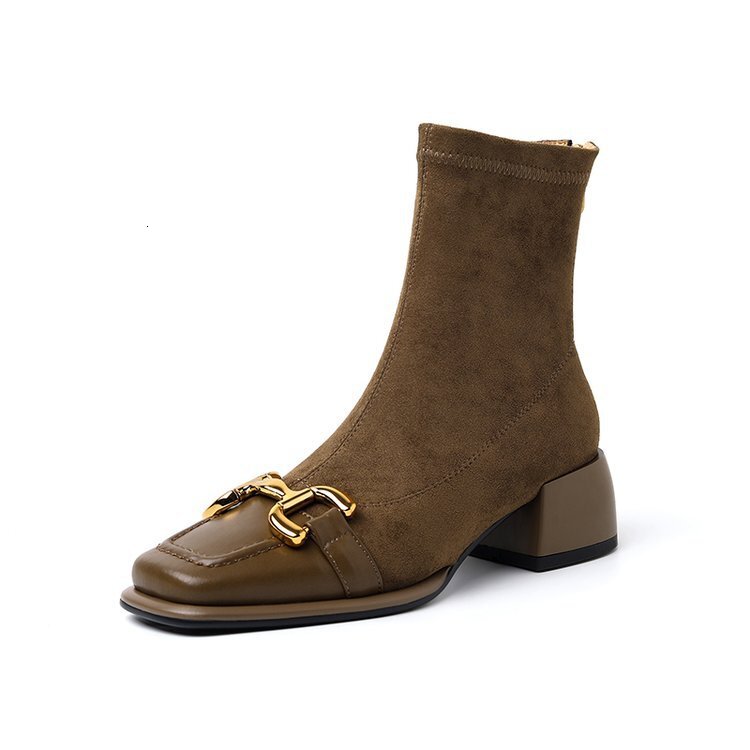 Ddmysports Fengma Style Buckle Square Toe Low Heel Slim Boots Autumn New Elastic Suede Zipper Short OUTDOOR