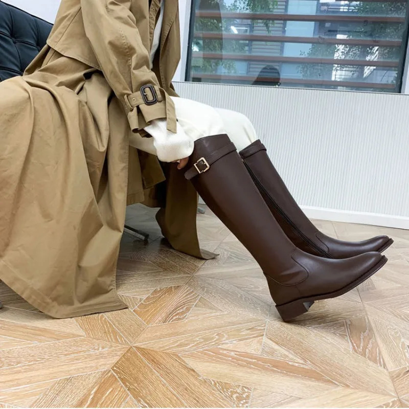 Shoes for Woman Winter Knee High Shaft Footwear Leather Womens Boots Pointed Toe Long Brown Comfortable and Elegant Quality 240820