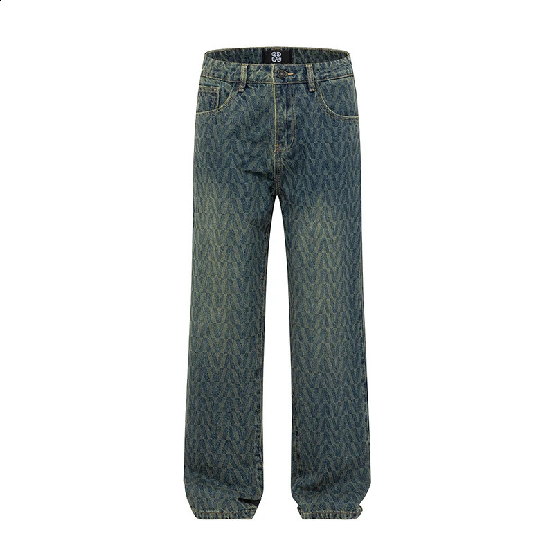 Pattern Printed Wide Leg Casual Jeans For Men Straight Leg Retro Pants Males Bottoms 240821
