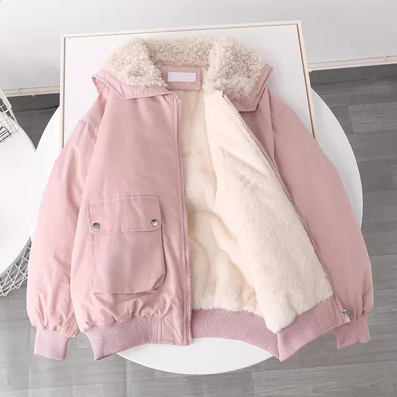 Winter Short Parka Pink Fleece Down Coats Fashion Hairy Puffer Jacket Ladies Korean Pockets Thick Cotton Padded Outwear 240821