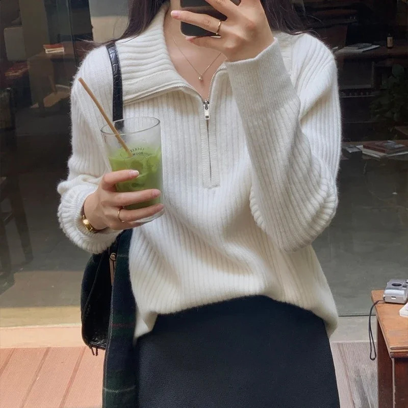 Neploe Korean Kpop Collar Zipper Puller Winter Loose Knitted Sweater Y2k EGirl Long Sleeve Top for Women 240821