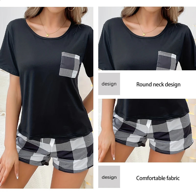 Summer two-piece plain weave pajama set for women with printed round neck top and bow plain weave shorts casual pajama set 240807