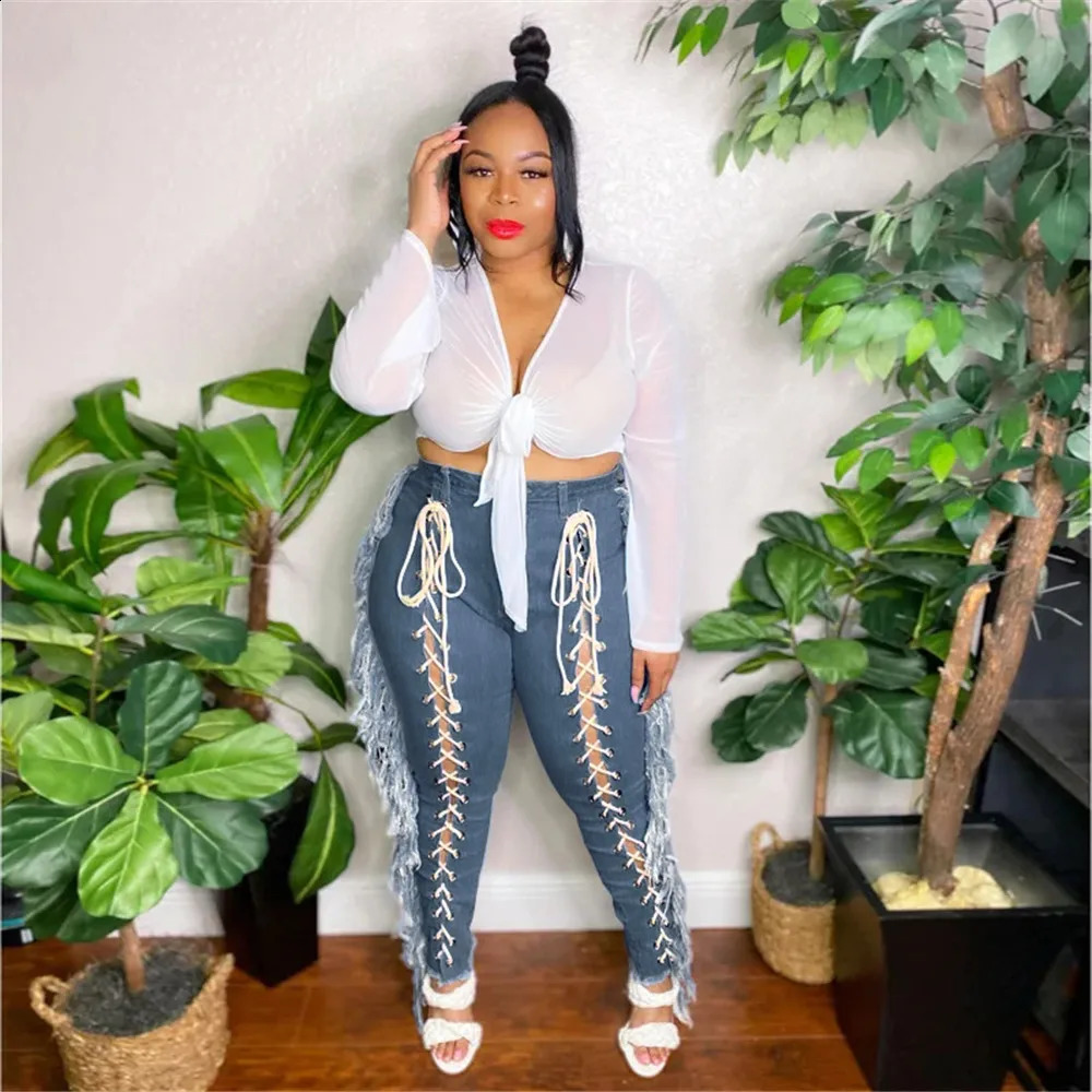 Wmstar Jeans Women High Waist Tassel Hole Bandage Denim Ripped Bottom Stretch Boyfriend Streetwear Wholesale Drop 240821