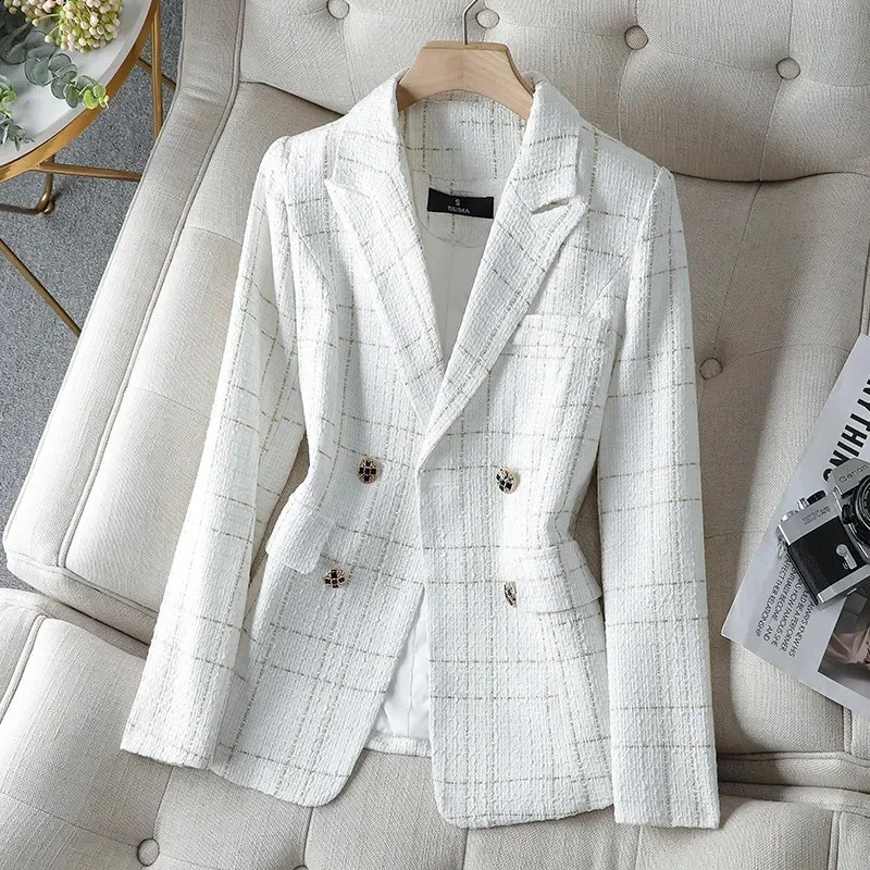 Tweed White Suit Jacket Womens Autumn Winter Coat Casual Small Fragrance Outwear Ladies Temperament Blazer Female Top 240821