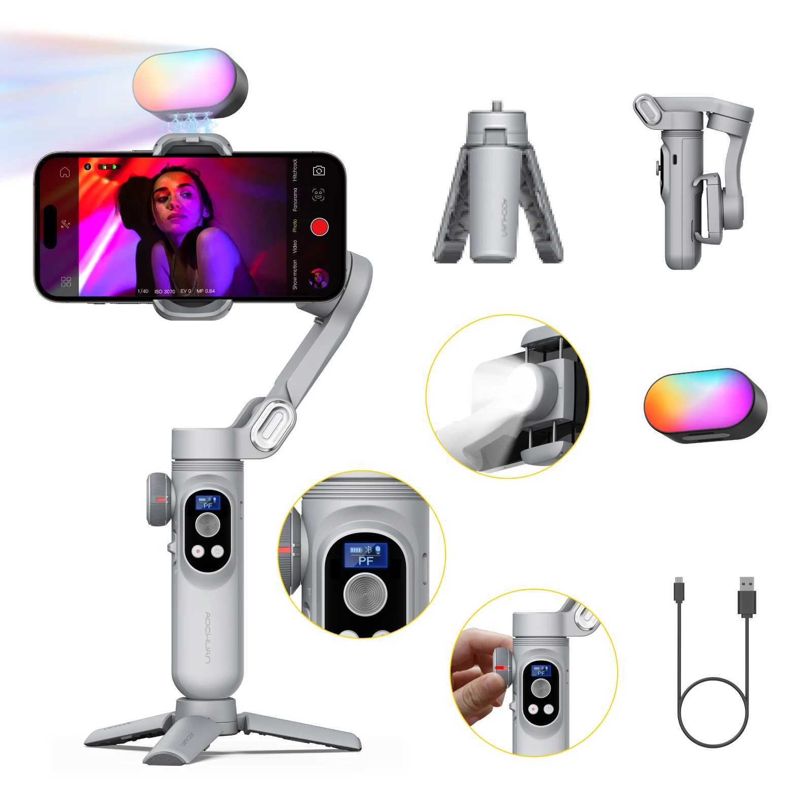 AOCHUAN Smart X Pro Kit 3-Axis Smart Gimbal Stabilizer Set With RGB Magnetic Light OLED Display LED Light Focus Wheel Grey CL240821