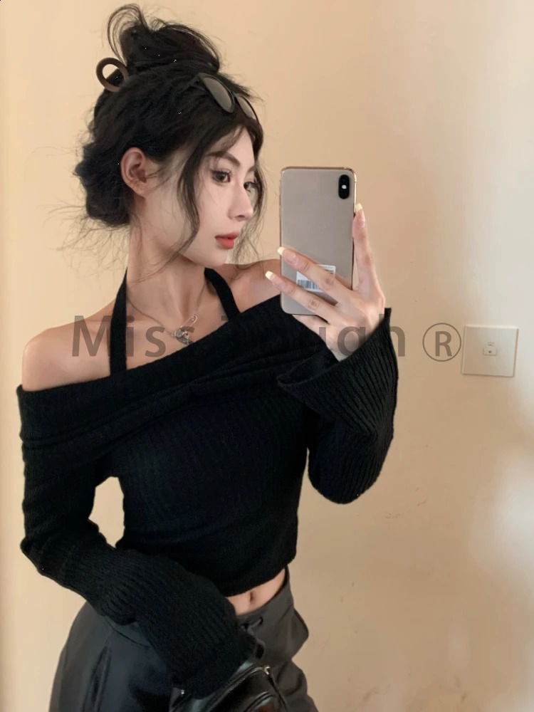 Winter Y2k retro knitted floral womens slanted neck elegant and sexy chic sweater fashionable pure thin casual top 240821