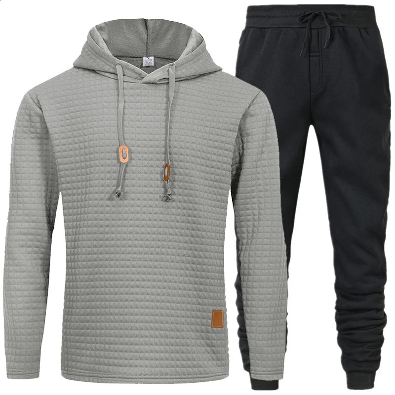 Comfortable Drawstring Outfit Mens Waffle Texture Hoodie Pants Set for Fall Winter Sports Solid Color Long Sleeves Sportswear 240821