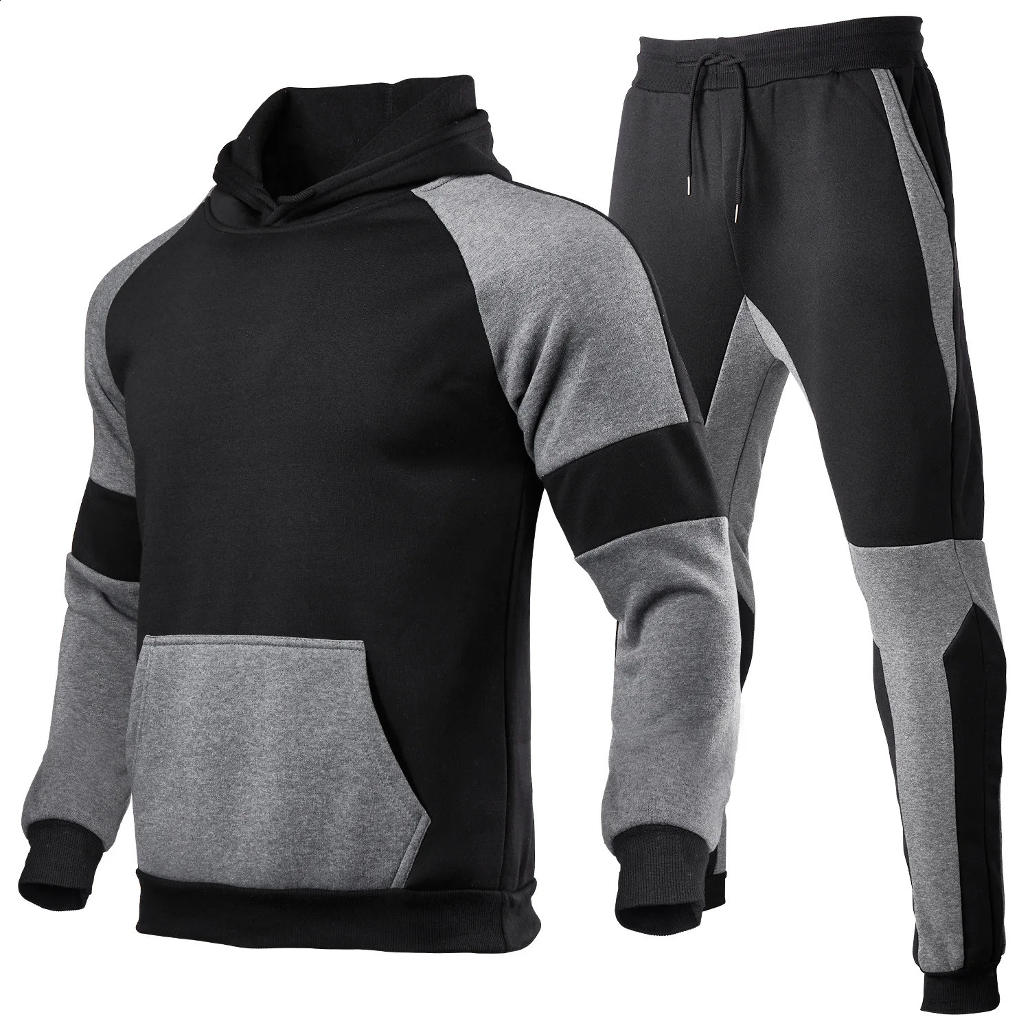 Mens casual multi-stitching plus fleece off-shoulder hoodie suit fashion sports suit 240821