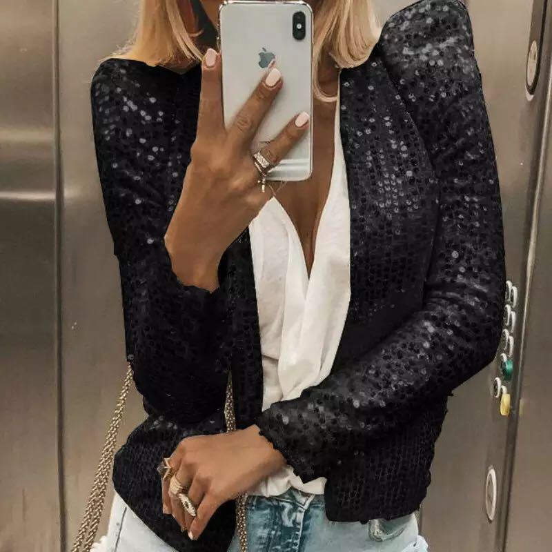 2024 Spring New Women's Fashion Stand up Collar Colored Sequin Short Casual Versatile Small Coat