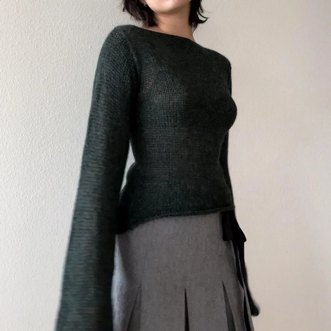 Womens Y2K retro sweater Flare long sleeved boat neck solid color knitted floral casual top 240821