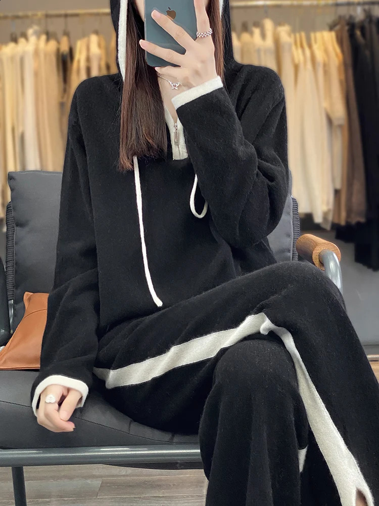 Autumn Winter Hoodie 100% Wool Knit Suits Womens Hooded Knitted Pullover Loose Wide Leg Trousers Fashion High-Grade Suits 240820