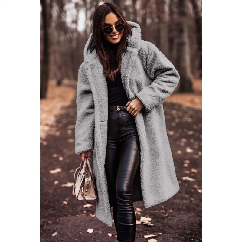 Women Solid Color Long Sleeve Woolen Coat Hooded Winter Autumn Warm Outwear Trench 240820