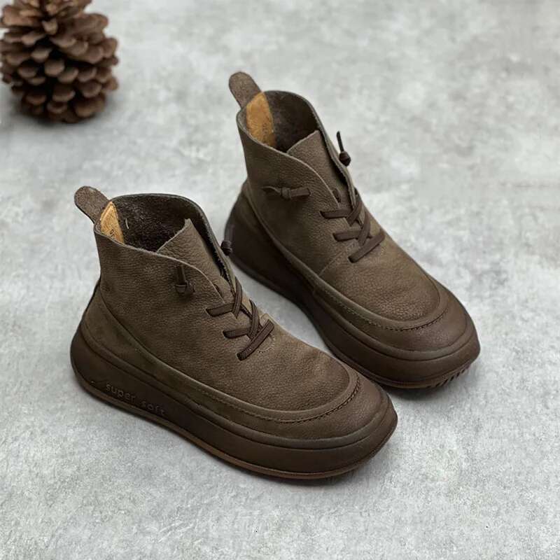 Platform Frosted Cow Vintage Women Leather Women's Shoes Thick Bottom Brown Ankle Boots Plush Warm Snow Boots