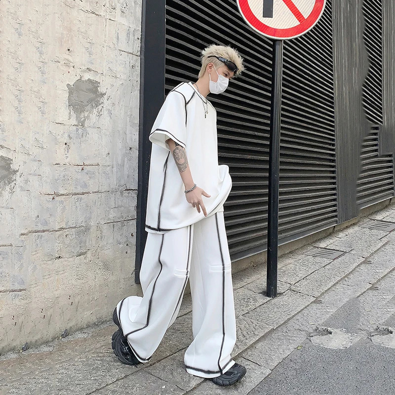 FEWQ Men Sets Line n Painting Shoulder Pad Short Sleeve Contrast Color Wide Leg Pants Korean Fashion Darkwear 24X9169 240821
