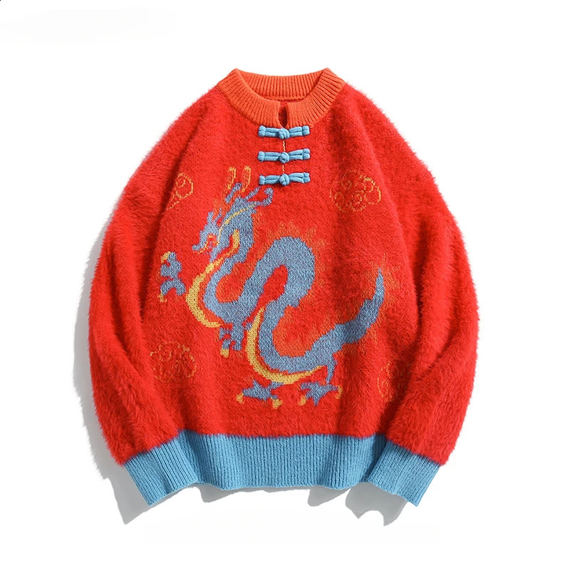 Autumn Winter Retro Buckle Chinese Dragon Jacquard Pullovers Sweaters Men and Women High-end Loose Casual Tang Suit Knitted Tops 240821