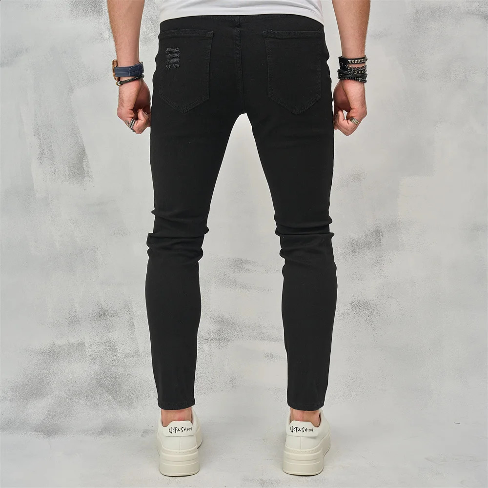 Men High Street Ripped Hip Hop Stylish Skinny Jeans Male Trousers High Quality Holes Casual Cotton Pencil Denim Pants 240821