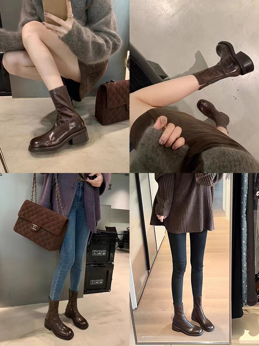 Ddmysports Wrinkled Orse Skin Explosive Price Grape Mom S Same Bottom Thick Eel Back Zipper Slim Short Boots For Women Autumn And Winter OUTDOOR