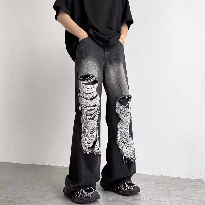 Mens Y2K Clothes Goth Denim Pants Men Wide Leg Ripped Jeans Black High Street Baggy Jeans Wash Streetwear 240821
