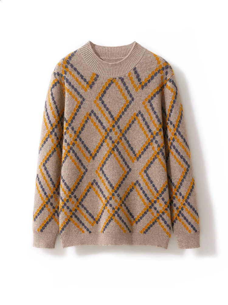 Spring Autumn and Winter Mens Half-High Collar Sweater 100%Wool Irregular Rhombus Pullover Fashion Casual Cashmere Sweater 240821