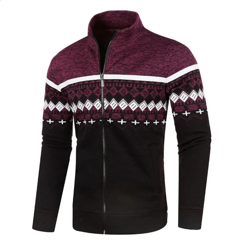 Spring Autumn Mens Knitted Cardigan Jacket Printed Long Sleeve Stand Collar Leisure Slim Zipper Sweater Jacket S-3XL 240821