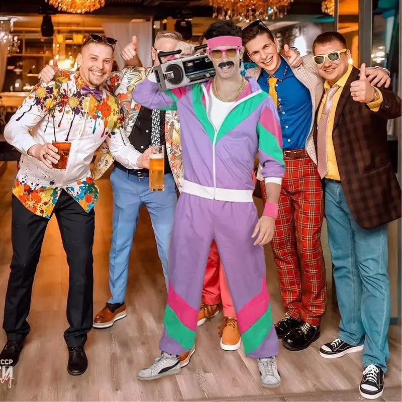80s Sports Costume Men Color Block n 80s Couple Track Suit Vintage Long Sleeve Tracksuit Masquerade Jacket With Zipper 240821