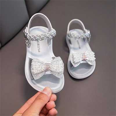 Pearl Diamond Bow Button Girls Silver/Pink Open Toe Sandals Summer Outdoor PU Fashion Sandals for Girls Sizes 26-37 W240821