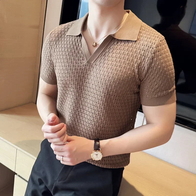 Purple Mens V-neck Polo Shirt Everyday Casual Short-sleeved Top Stylish Mens Hollow Knit Shirt 2024 Sizes M-3XL 240821