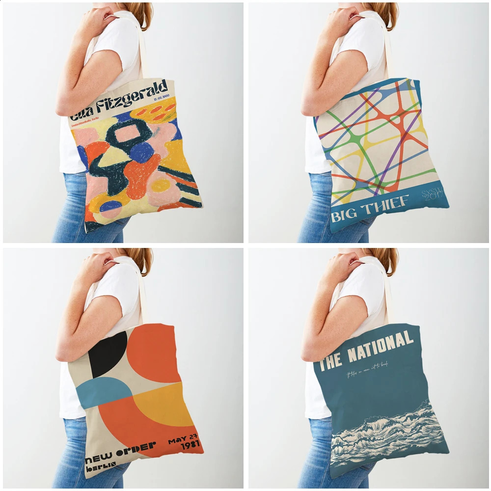 The music poster features performances by various bands shopping bags double printing casual Nordic womens canvas handbags and 240820